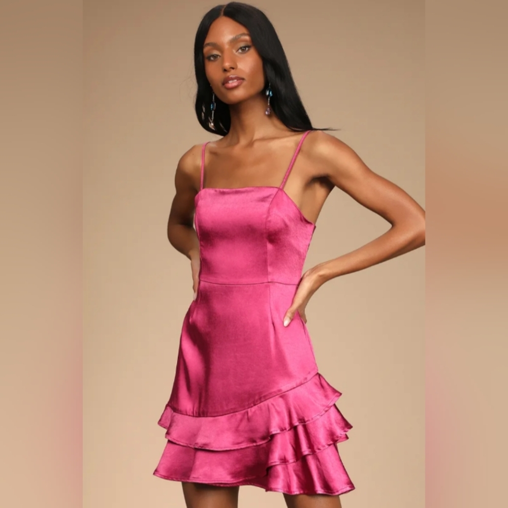 Lulus Dreams Come True Magneta Satin Ruffled Mini Dress- Size Large